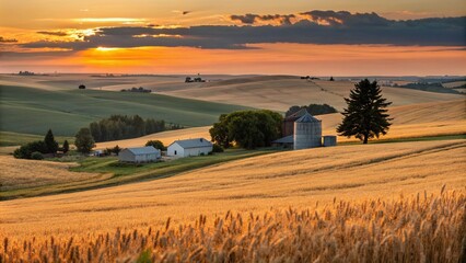 Fototapeta premium Tranquil Midwest Landscape: Rolling Wheat Fields Under a Vibrant Sunset with Farm Silhouettes and Open Skies, Capturing the Heart of America's Agricultural Heritage
