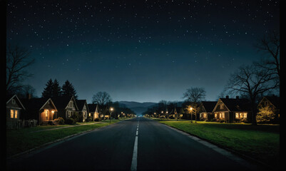 A quiet suburban street is illuminated by streetlights and the glow of houses on a clear night with a sky full of stars