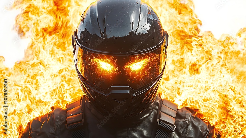 Poster mysterious fiery character with black helmet and glowing eyes amidst flames creating an intense and 