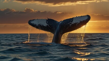 Fototapeta premium A humpback whale's tail breaks the surface of the water at sunset.