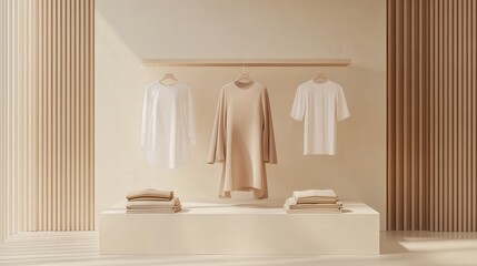 Minimalist Clothing Display with Wooden Slat Walls and Beige Tones