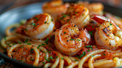 A dish of cooked shrimp with pasta, garnished with herbs on a black plate
