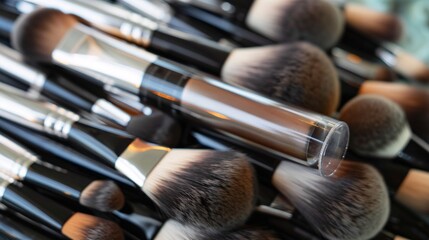 Vast Collection of Professional Makeup Brushes in Assortment on Vanity Table  Close up Shot of Diverse Cosmetic Tools for Makeup Application and Beauty Routine
