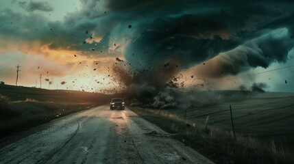 Tornado forms over farmland, dramatic thunderclouds touch down. Dramatic tornado formation over rural farmland, stormy weather. Weather. Climate. Natural disaster