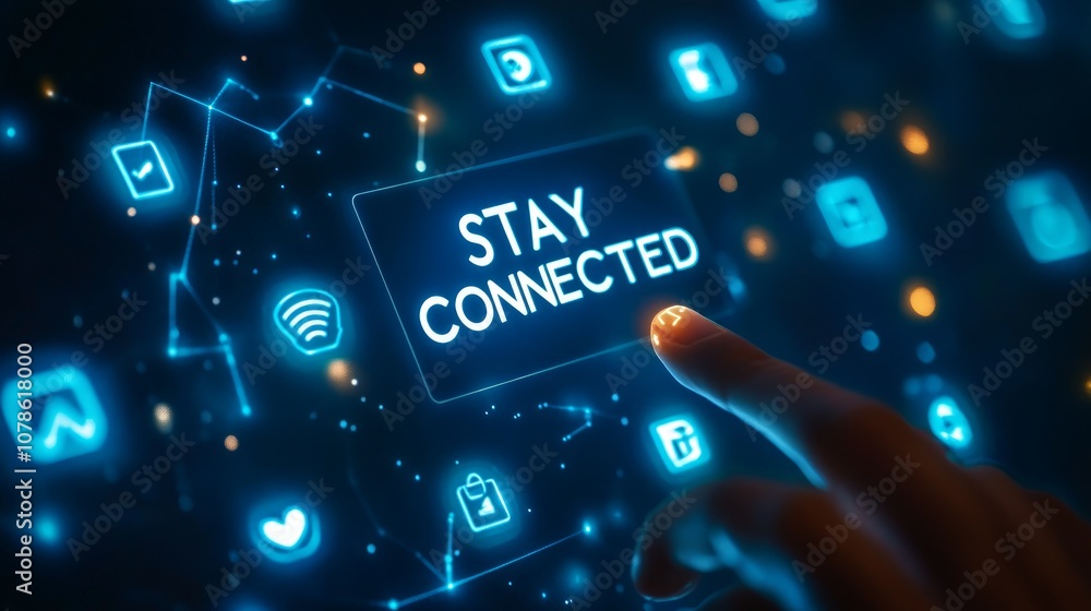 Poster a finger pointing at a glowing button that reads 'stay connected' on a screen with social media icon