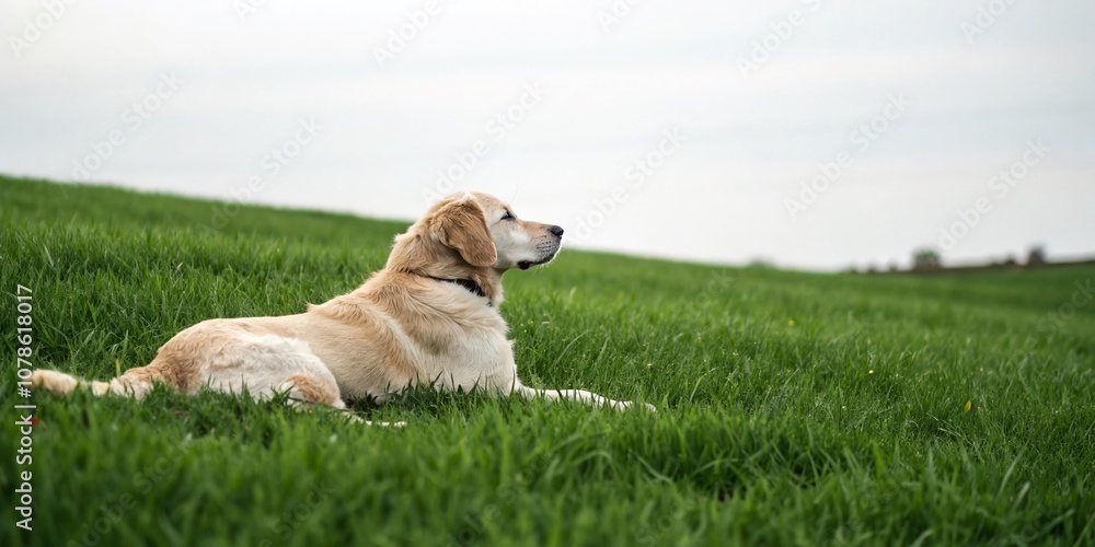 Poster tranquil scene of a biscuit dog resting on green grass in a minimalist style, emphasizing simplicity