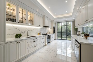 A modern kitchen mockup with clean, white walls, sleek appliances, and marble countertops