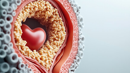 Conceptual illustration of a cross-section of an artery with red heart symbol surrounded by cholesterol plaque deposits and healthy artery walls.