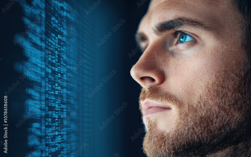 Poster a focused young man gazes at a digital screen filled with coding text, symbolizing innovation, techn