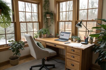 A Cozy and Practical Home Office Space Featuring a Wooden Desk, Comfortable Chair, Large Windows, and Indoor Plants for a Productive Work Environment