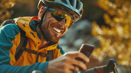 Cheerful cyclist using a smartphone while seated on his bike. Active individual smiling and browsing on mobile while riding outside