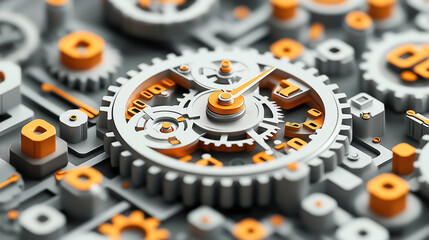 Close-up of intricate mechanical gears and cogs with orange and gray color scheme resembling a futuristic machinery or clock mechanism.