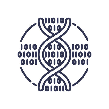 DNA helix with binary code symbolizes genetic algorithms and data processing.