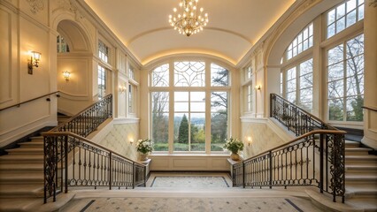 Obraz premium Two Elegantly Designed Stairwells Leading to a Bright Hallway with Scenic Views, Perfect for Interior Design Inspiration and Architectural Photography