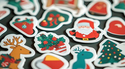Fototapeta premium Colorful Christmas stickers including Santa, reindeer, and holly, neatly placed on a white background.