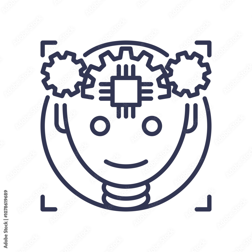 Poster robot face with gears and microchip symbolizes automation and ai.