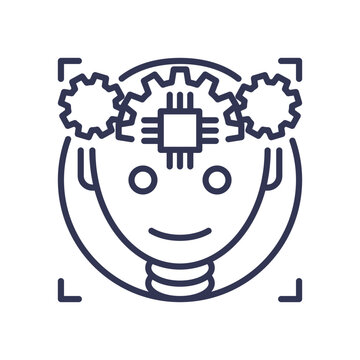 recommend clip art: Robot face with gears and microchip symbolizes automation and AI.