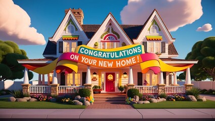 A colorful house decorated with a "Congratulations on your new home" banner.