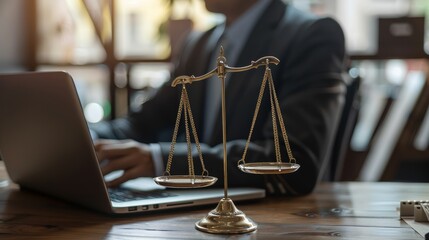 Attorney with laptop and balance scale in office, consulting for research or client regarding online agreement for auction and legal contract