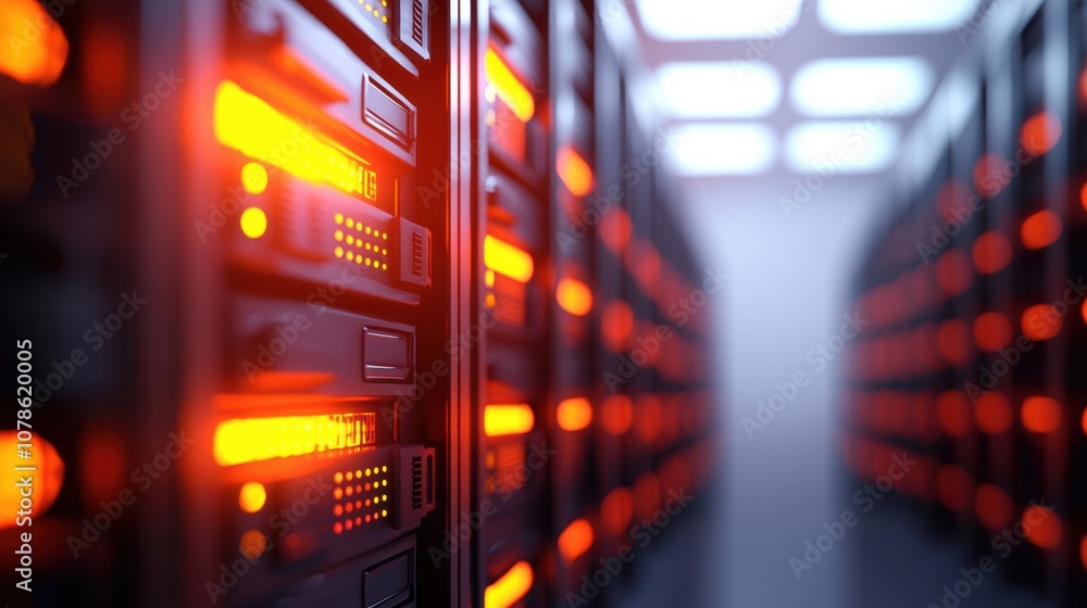 Poster futuristic server room showcasing advanced technology with illuminated racks, emphasizing data stora