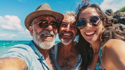 Girl takes a joyful selfie with her grandparents in a natural setting during a fun family vacation, capturing a happy moment and bonding experience