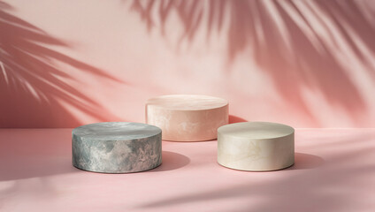 3 round stone pedestals on a pink background for product presentation, an abstract minimal mockup template with copy space, 2/4 angle view. round pastel pink podium