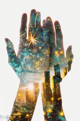 Business collaboration and support in double exposure, symbolizing innovation and shared goals with a focus on teamwork, trust, and unity