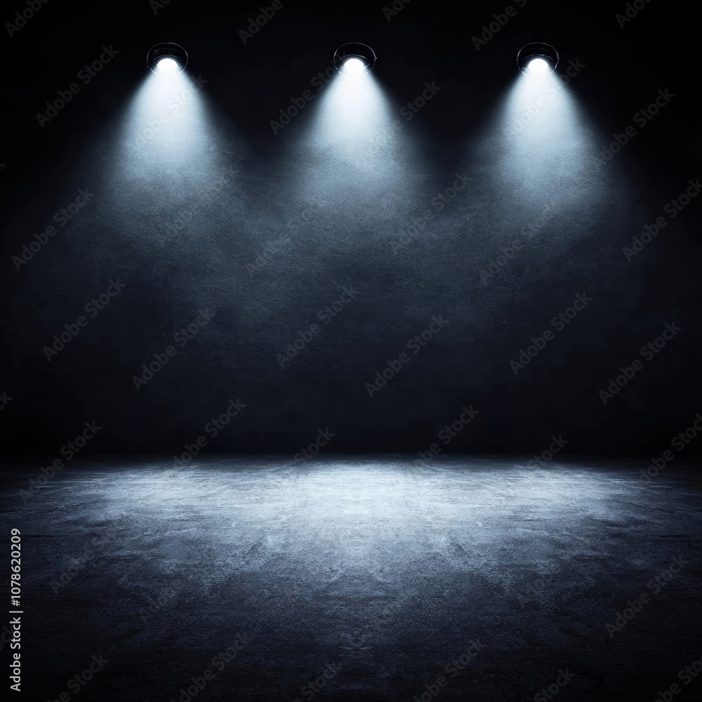 Poster a dark and empty stage illuminated by three bright spotlights, creating a dramatic atmosphere perfec