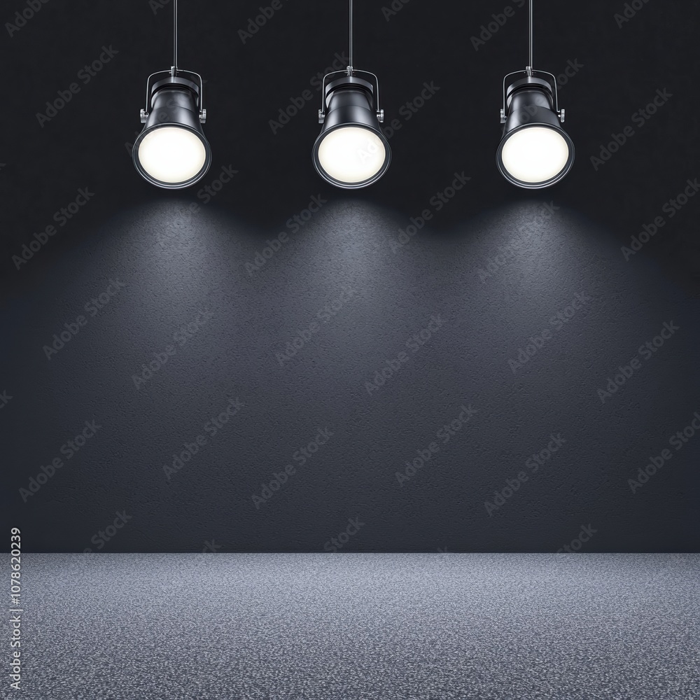 Poster a minimalist studio setup featuring three hanging spotlights casting soft light onto a textured dark