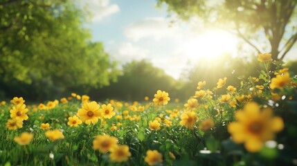 Fototapeta premium Bright Yellow Flowers in Sunlit Field