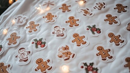 Festive Christmas stickers featuring gingerbread men, holiday lights, and snowflakes on a white surface.