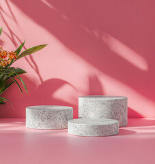 3 round stone pedestals on a pink background for product presentation, an abstract minimal mockup template with copy space, 2/4 angle view. round pastel pink podium