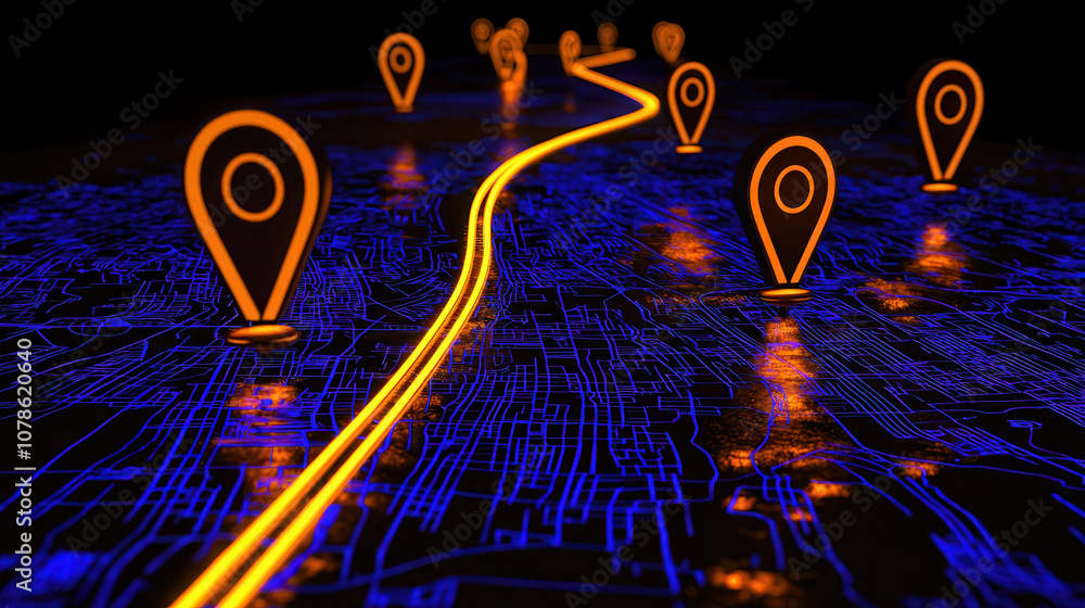 Poster digital map with glowing data points and bright path, showcasing futuristic navigation concept. vibr