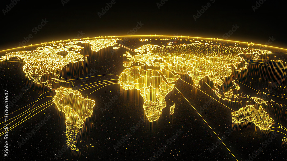 Poster digital map of world illuminated with glowing data points, showcasing global connectivity and inform