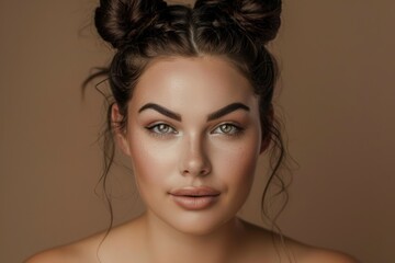 Beauty portrait of a young woman with curly hair, showcasing skincare and cosmetic aesthetics in a studio setting, ideal for dermatology or wellness transformations