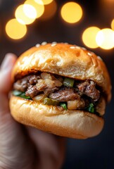 Close-up Juicy Burger with Bokeh Lights