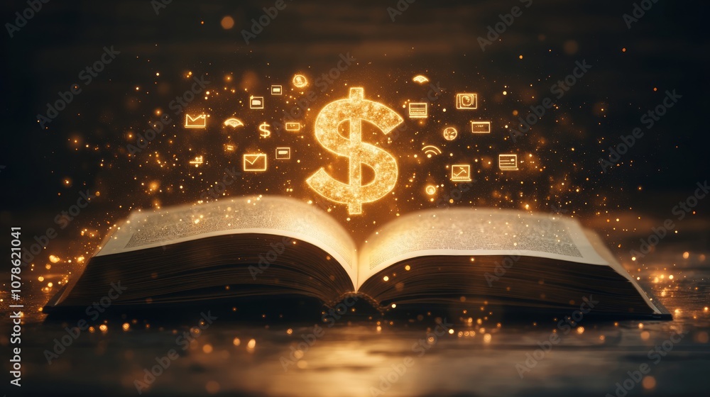 Poster a glowing dollar sign rises from an open book, surrounded by digital icons, symbolizing the power of