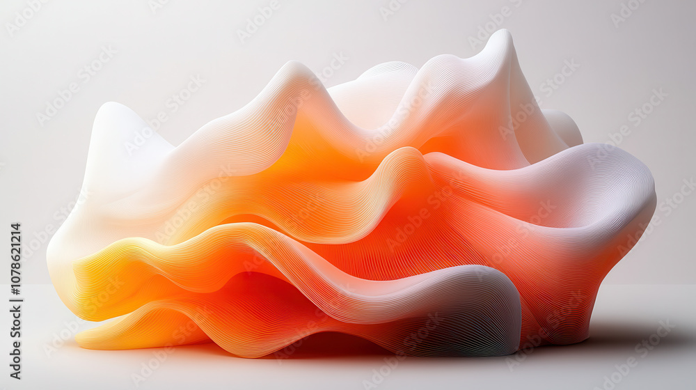 Poster creative blend of abstract art and data visualization, featuring flowing shapes in orange and white 