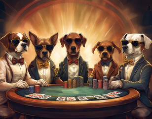 Five dogs wearing suits and sunglasses are sitting around a poker table, playing cards and gambling with chips