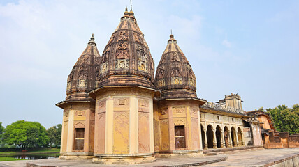 Carvings depicting human life and Hindu deities on the shikhara (spire) of Ganesh Bagh Temple, located in Chitrakoot, Madhya Pradesh