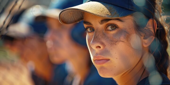 Group of female baseball players receiving guidance and encouragement from their coach to achieve victory, highlighting leadership, teamwork, pride, and healthy competition in softball - Powered by Adobe