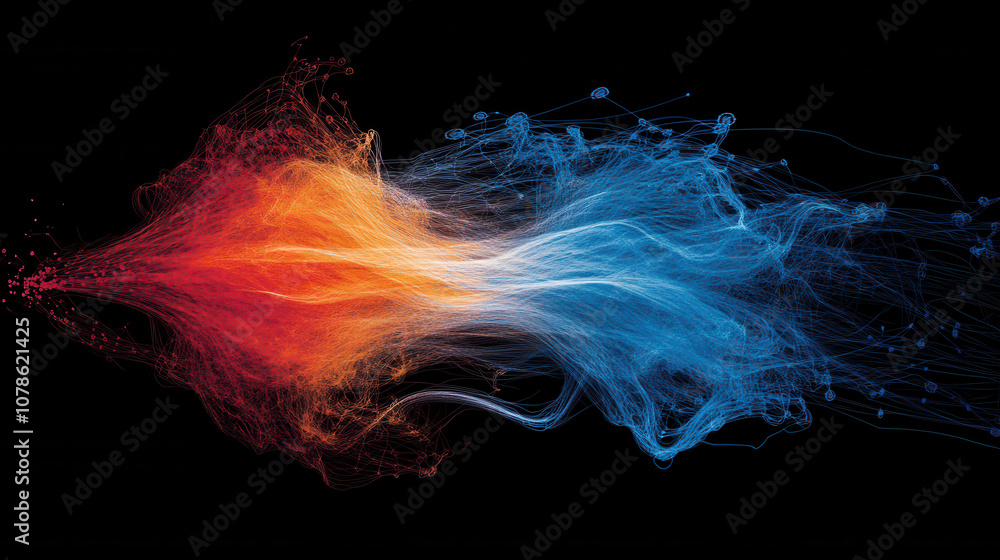 Poster vibrant blend of red and blue flowing abstract lines creates dynamic visual effect, symbolizing fusi