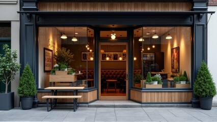 Stylish storefront signage mockup with a blank sign for the shop name, ideal for small business branding.