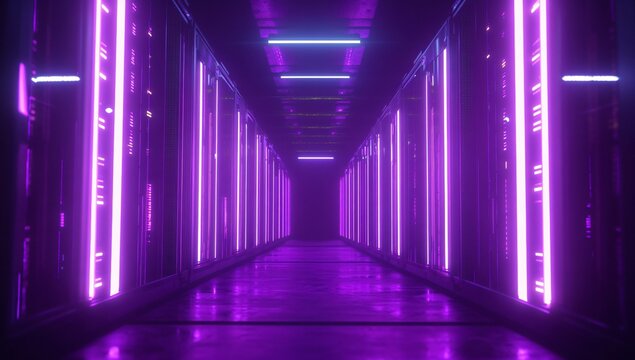 Futuristic Cyberpunk Server Room with Purple Neon Lights - Powered by Adobe