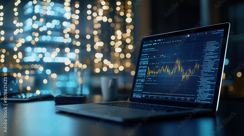 Poster laptop displaying financial data with glowing charts and graphs, set in cozy workspace illuminated b