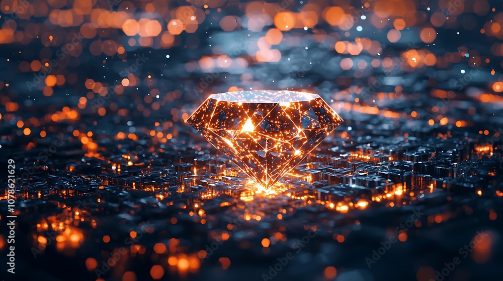 Aufkleber shimmering digital diamond with glowing elements in an abstract background of lights and bokeh for m