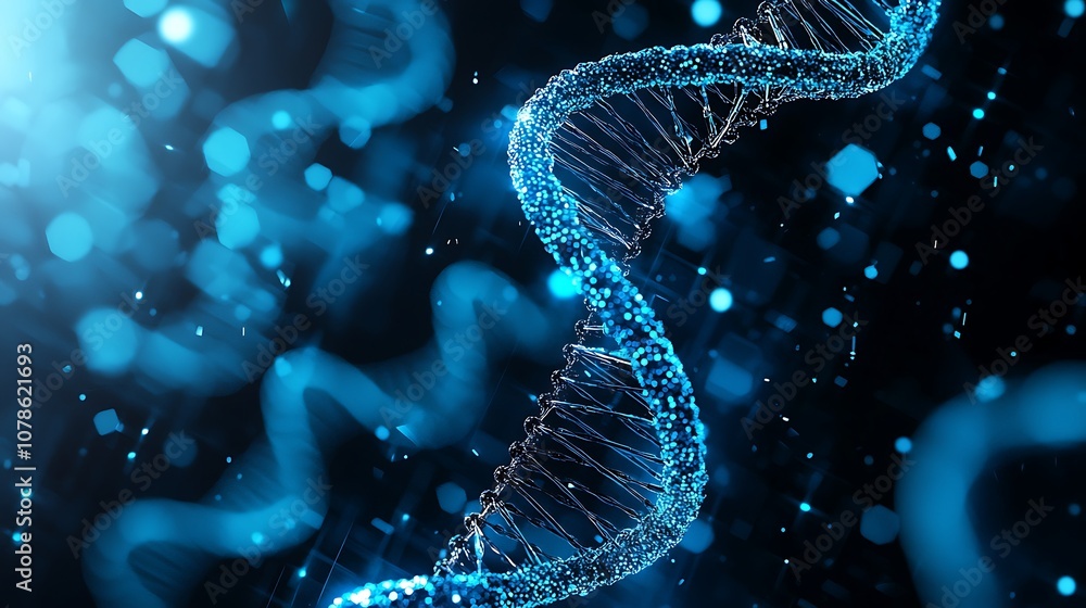 Aufkleber abstract visualization of a helix structure representing dna with blue particles, light effects, and