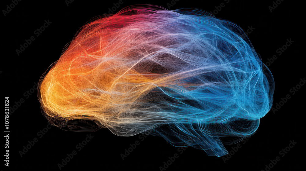 Poster digital brain composed of interconnected data streams, showcasing vibrant colors of orange and blue,