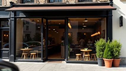 High-quality glass storefront mockup with natural light, showing a cozy cafe interior and blank signage.