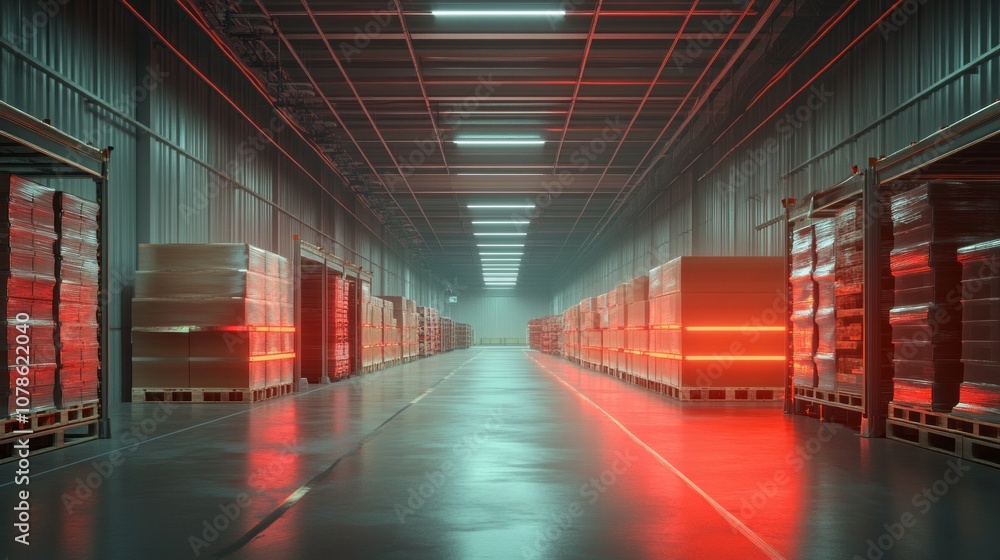 Poster a warehouse with many boxes stacked on pallets